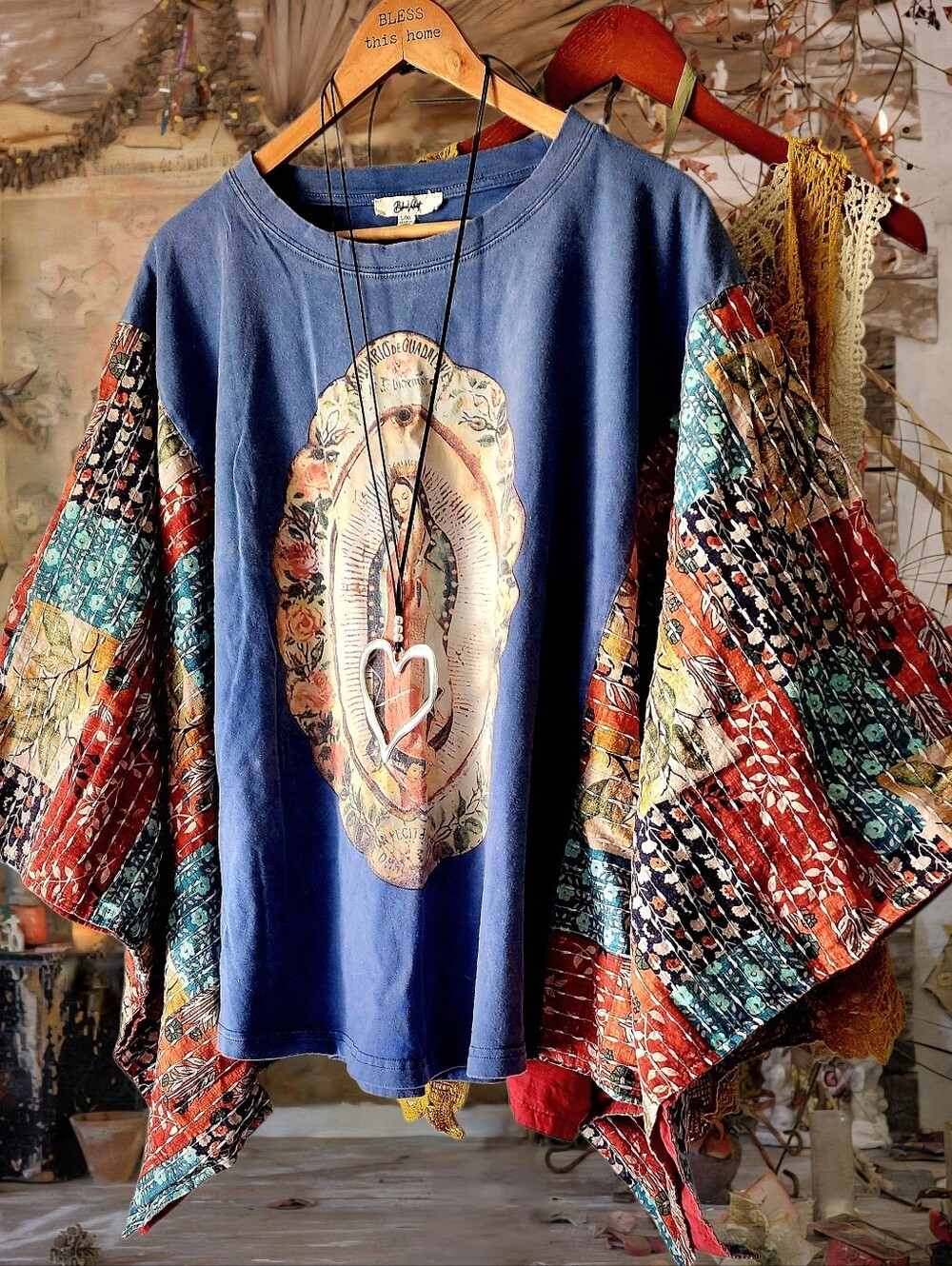 Boho Blue Graphic Tunic with Colorful Patchwork Sleeves - Picture 3 of 13